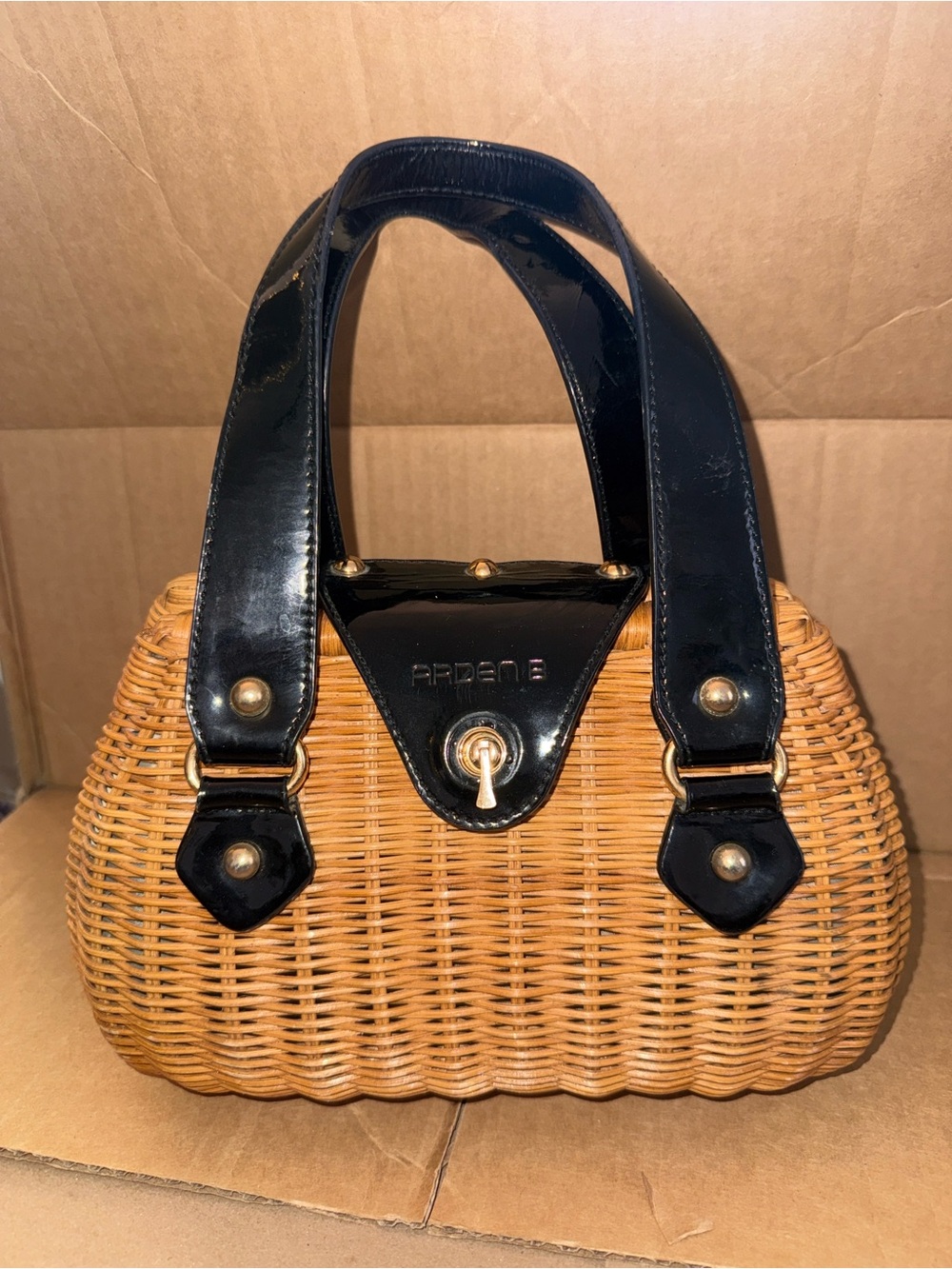Arden B Woven Tan Mini Bag with Black Patent Trim